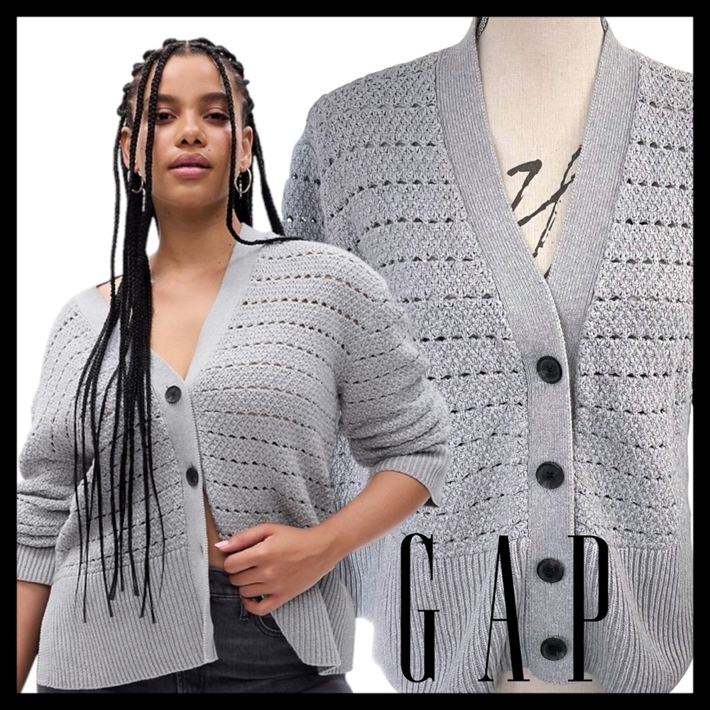GAP Medium Grey Cotton Pointelle Button Front Split Hem Cardigan Sweater (SP)